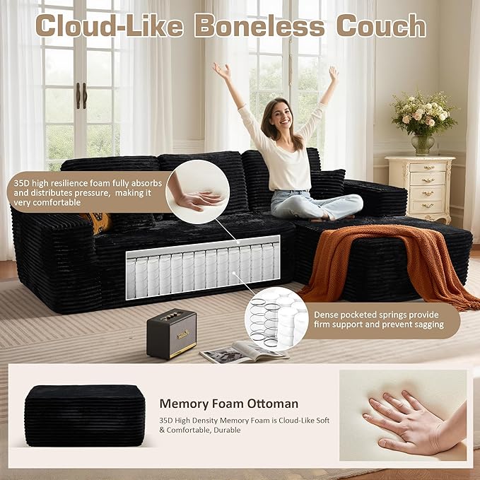135.4'' U Shaped Sectional Couches for Living Room, Large Boneless Cloud Couch, Modern Modular Sofa Deep Seat Plush Corduroy, No Assembly Required,Plush Corduroy,Black