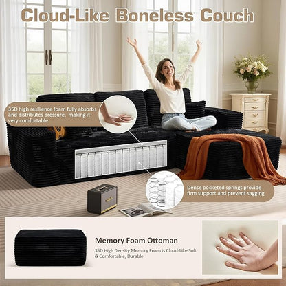 133.1'' Boneless Sectional Couches for Living Room, Oversized Cloud Couch with Chaise & Ottoman, Modular Sofa Sets Deep Seat Plush Corduroy, No Assembly Required,Plush Corduroy,Black
