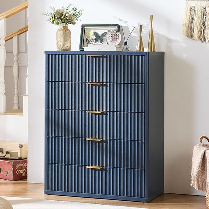 Fluted 5 Drawers Dresser for Bedroom, 41" Tall Modern Chest of Drawers with Metal Handle,Navy Blue Wood Drawer Organizer for Bedroom, Living Room, Hallway, Entryway