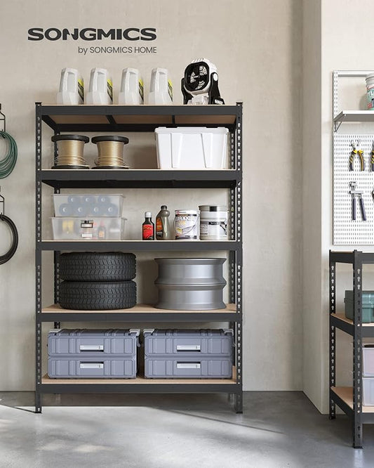SONGMICS 5-Tier Storage Shelves, Load 2310 lb, Garage Storage, Boltless Assembly, Adjustable Shelving Unit, 23.6 x 47.2 x 70.9 Inches, for Study Shed Basement, Black and Natural Beige UGLR600B01