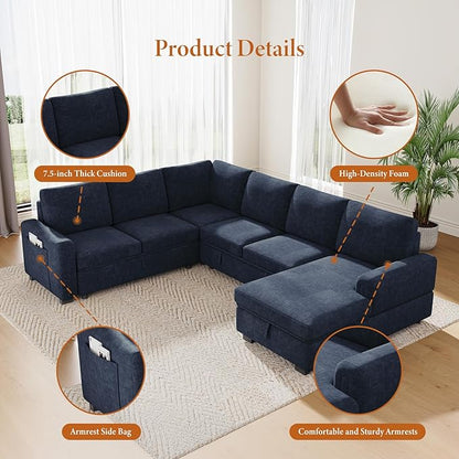 Vesgantti 113.6" Pull Out Sofa Bed with Chaise, 7 Seater U Shaped Sleeper Sofa with Storage Chaise, Comfy Chenille Modular Sectional Couch for Living Room, Bedroom, Apartment, Blue