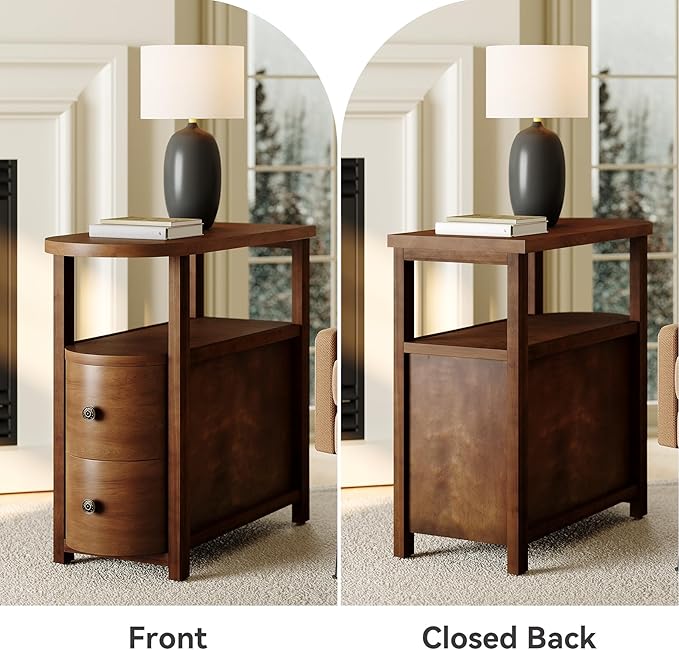 LITTLE TREE Solid Wood End Table Set 2 with 2 Drawers & Open Shelf, No Assembly Required Side Table for Living Room, Vintage Brown Couch Side Tables, Slim Bedside Table Nightstand for Bedroom
