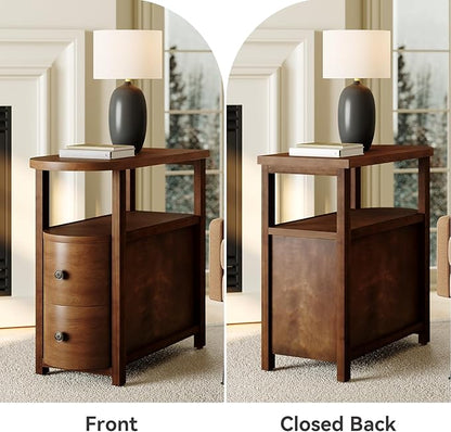 LITTLE TREE Solid Wood End Table with 2 Drawers & Open Shelf, No Assembly Required Side Table for Living Room, Vintage Brown Couch Side Tables, Slim Bedside Table Nightstand for Bedroom