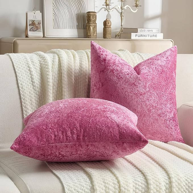FUTEI Hot Pink Flannel Throw Pillow Covers 16x16 Inch Set of 2,Soft Dimensional Textured Cushion Cases,Modern Home Decor for Couch Living Room