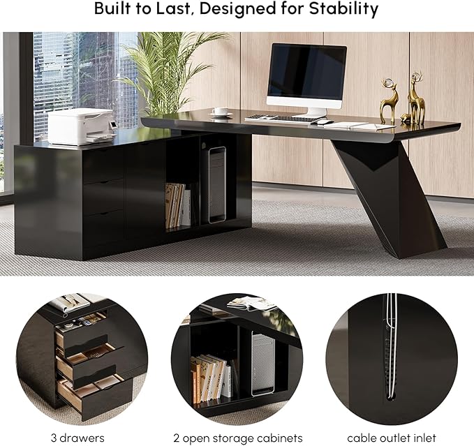 homary 70.9" Modern L-Shape Executive Desk Set, Home Office Desk with Home Office Executive Chair, Drawers & Cabinet Modern Computer Desk for Home Business Furniture, Black, Right Hand