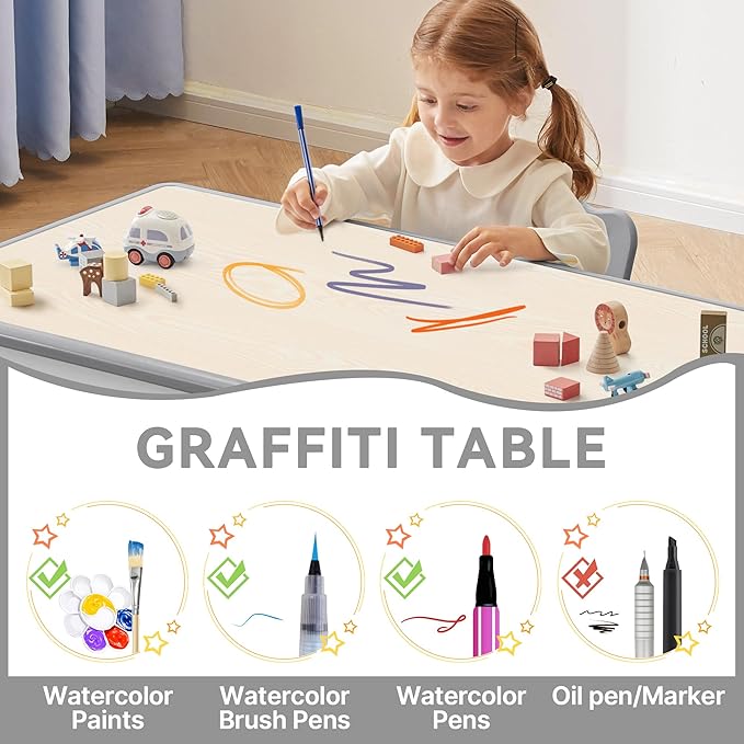 Kids Study Table and Chairs Set, Height Adjustable Toddler Table and Chair Set for Kids Ages 3-8, 23.6" L x 23.6" W Graffiti Desktop Plastic Children Art Table with 2 Seats, W-Grey
