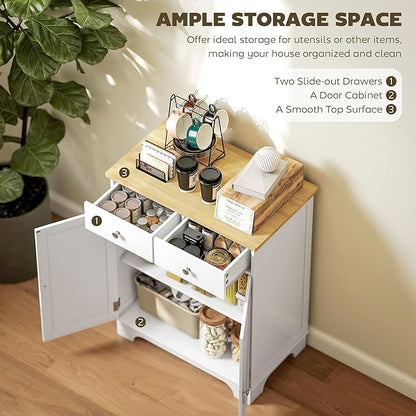 HOMCOM Sideboard with Solid Wood Countertop, Modern Kitchen Storage Cabinet, Coffee Bar Cabinet with 2 Drawers, Doors and Adjustable Shelf, White