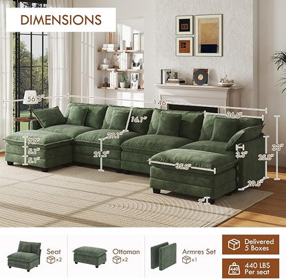 WorthFurni 146” Oversized Modular Sectional Sofa, U Shaped Cloud Couch Set, 4-Seater Comfy Chenille Couches with 2 Movable Ottomans, DIY Combination for Living Room (Green)