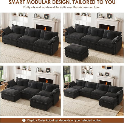 WorthFurni 146” Oversized Modular Sectional Sofa, U Shaped Cloud Couch Set, 4-Seater Comfy Chenille Couches with 2 Movable Ottomans, DIY Combination for Living Room (Black)