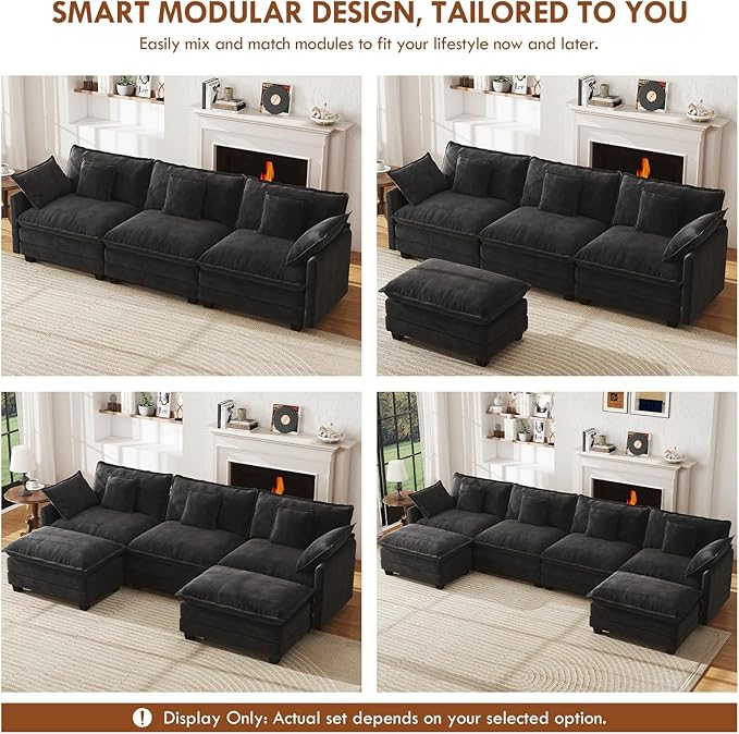 WorthFurni 77 Inch L Shape Cloud Sofa, Modular Sectional Couch with Ottoman, Comfy Chenille Deep Seat Loveseat with Pillow for Living Room Bedroom Apartment (Black)