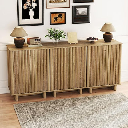 LukeAlon Fluted Sideboard Cabinet with Storage, Farmhouse Boho Accent Buffet Cabinet, 31.5" Height Wooden Small Credenza Cabinets for Living Room Dining Room Entryway Hallway, Natural Wood Color