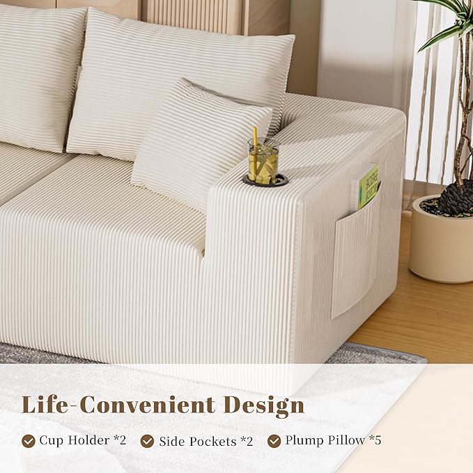 107" Cloud Sectional Couch, Modular Sectional Sofa with L-Shape Chaise, Corduroy Boneless Couch with Deep Seat, Upholstered Sofa for Living Room, No Assembly Required(Left-Facing Chaise, White)