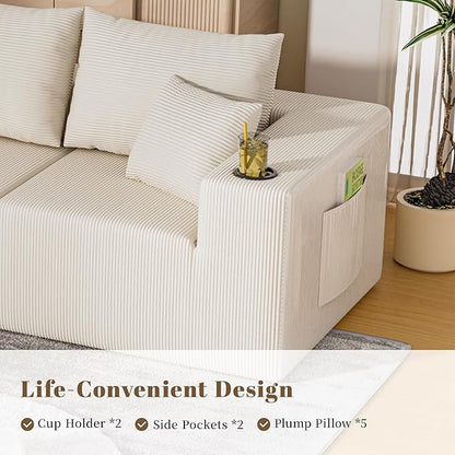 107" Cloud Sectional Couch, Modular Sectional Sofa with L-Shape Chaise, Corduroy Boneless Couch with Deep Seat, Upholstered Sofa for Living Room, No Assembly Required(Left-Facing Chaise, White)