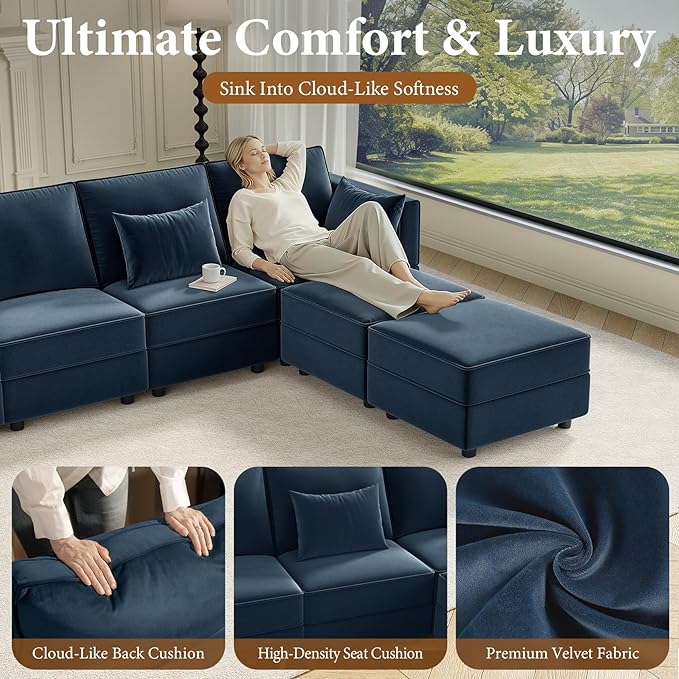 Vesgantti Sectional Couches with Storage Seats, 118" L Shaped Convertible Modular Sectional Sofa, 4 Seat & 2 Ottomans Velvet Storage Chaises Deep Seat Couch for Living Room, Bedroom, Apartment, Blue