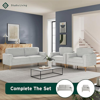 Studio Living® Matthew 75.6" Sofa, Mid-Century Modern, Pocket Coil Comfort, Metal Brushed Bronze Legs, Chenille Fabric, Ivory