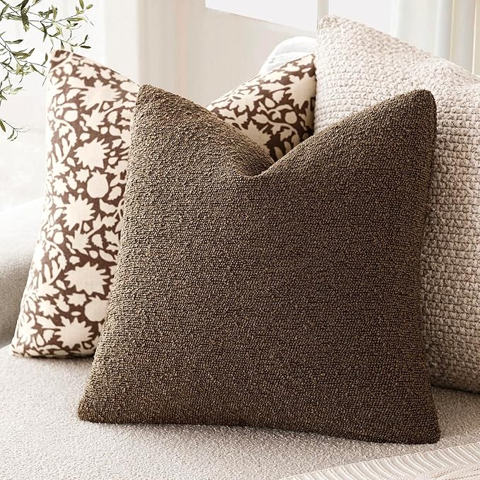 Foindtower Set of 2, Decorative Textured Boucle Throw Pillow Covers Accent Solid Pillow Cases Neutral Soft Couch Cushion Case for Chair Sofa Bedroom Living Room Home Decor 24x24Inch Chocolate