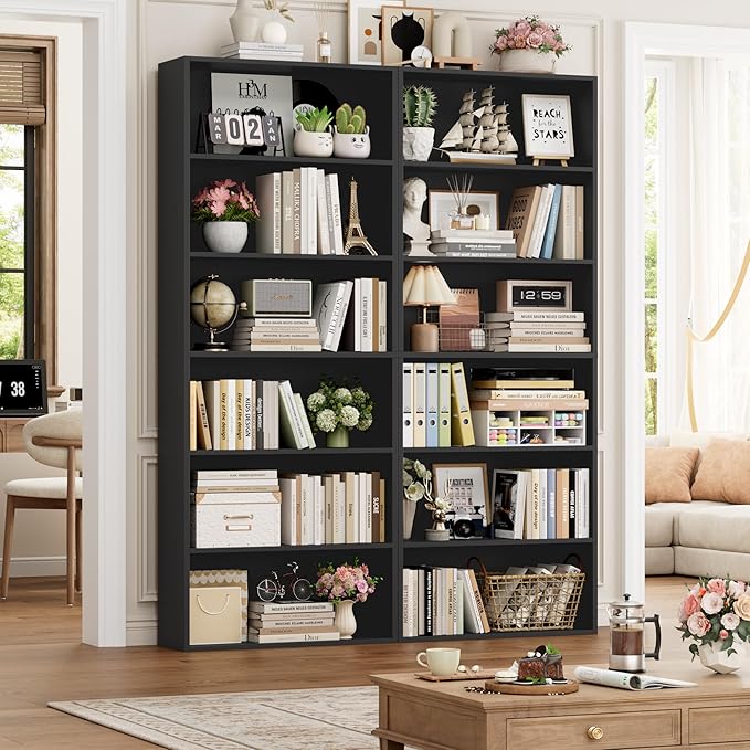 FOTOSOK 70.8" Tall Bookcase Shelf, 6 Tier Wide Bookshelf with Storage, Billy Bookcase Set of 2, Large Bookshelf for Living Room, Home Office, Black