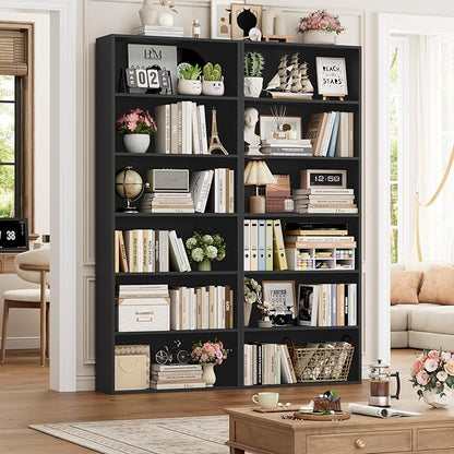 FOTOSOK 70.8" Tall Bookcase Shelf, 6 Tier Wide Bookshelf with Storage, Billy Bookcase Set of 2, Large Bookshelf for Living Room, Home Office, Black