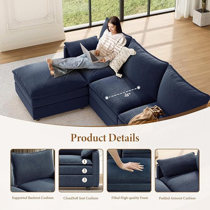 Vesgantti 108" Sectional Sleeper Sofa, 6-Seater Oversized Modular Cloud Couch with Movable Ottoman, Chenille Large Sofa Bed Convertible Deep Seat Couches for Living Room, Bedroom and Apartment, Blue