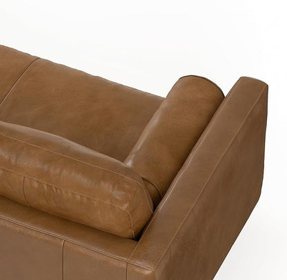 SIMPLIHOME Morrison 89-inch Wide Sofa in Caramel Brown Top Grain Genuine Leather, Mid-Century Modern Design Couch for Living Room, Single Bench Cushion, 2 Back Cushions, 2 Bolster Pillows
