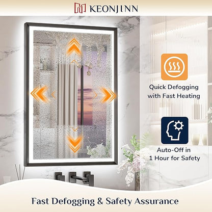 Keonjinn 30" x 36" LED Bathroom Mirror with Frontlit & Backlit, Black Metal Framed Mirror for Wall, Antifog, Stepless 3 Colors Temperature, UL-Listed LED Driver, Tempered Glass