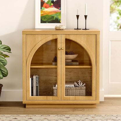 Sideboard Buffet Cabinet Set of 3, Storage Cabinet with Adjustable Shelf Modular Accent Display Case with Acrylic Doors Console Table for Living Room Kitchen Entryway, Natural Oak