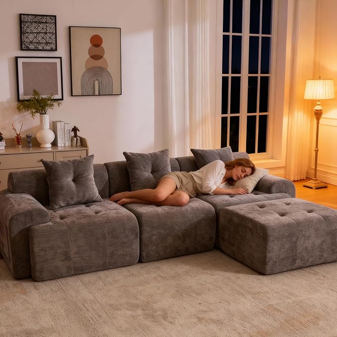 101.65” Modular Sectional Couch for Living Room, 3-Seater Cloud Sofa with Deep Seat, Woven Texture Upholstery Boneless Couch, No Assembly, Grey