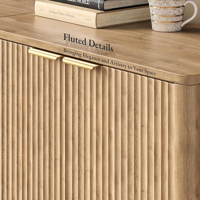 Evermagin 94.5" Oak Buffet Cabinet with Storage, Large Sideboard Cabinet, Boho Accent Credenza, Fluted Console Table with Doors for Dining Room, Kitchen, and Living Room