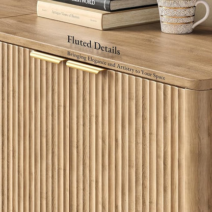 Evermagin 94.5" Oak Buffet Cabinet with Storage, Large Sideboard Cabinet, Boho Accent Credenza, Fluted Console Table with Doors for Dining Room, Kitchen, and Living Room