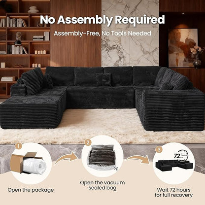 Cloud Sectional Couch with Loveseat, Boneless U-Shaped Cloud Couch with Deep Seat, Soft Plush Modern Minimalist Sofa, Assembly Free Modular Floor Sofa for Office Living Room Apartment, Black