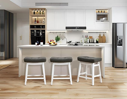 Counter Height Bar Stools Set of 6 for Kitchen Counter Farmhouse Modern Barstools with Faux Leather Upholstered Backless Seat and Solid Wood Legs 24 inch Bar Chairs, Grey + White