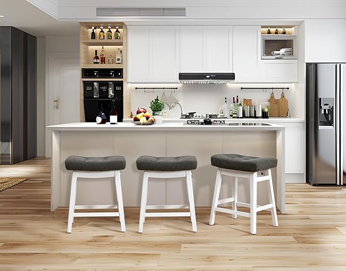 Counter Height Bar Stools Set of 4 for Kitchen Counter Farmhouse Modern Barstools with Faux Leather Upholstered Backless Seat and Solid Wood Legs 24 inch Bar Chairs, Grey + White