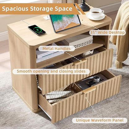 LEYAOYAO 31" Wide Fluted Nightstand Set of 2 with Charging Station, Oversized Extra Large 2 Drawers Night Stand,Natural Wood Bedside Table,Tall End Tables,Modern Chest of Drawers Dressers for Bedroom