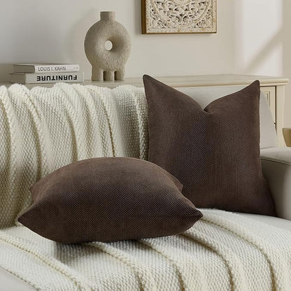 FUTEI Dark Coffee Chenille Throw Pillow Covers 16x16 Inch Set of 2,Soft Wide Chevron Textured Cushion Case,Farmhouse Home Decor for Couch Bed Living Room