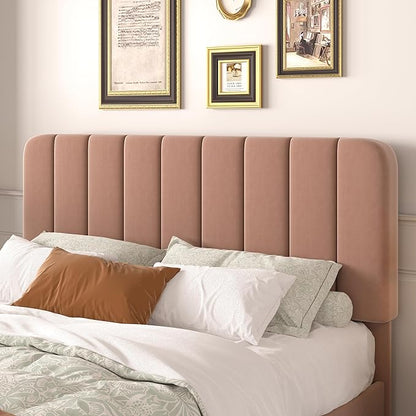 VECELO Full Size Bed Frame with Upholstered Headboard, Velvet Platform Bedframe Mattress Foundation, Strong Wood Slat Support, No Box Spring Needed,Tan Brown