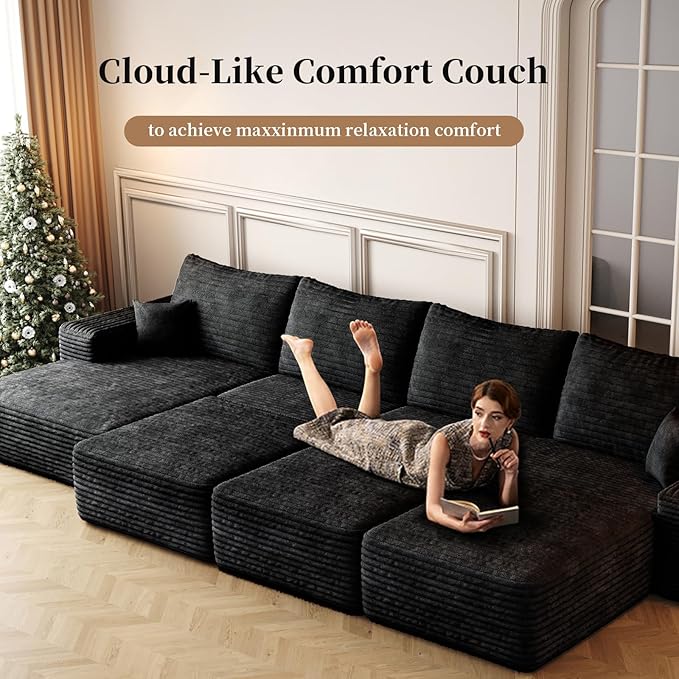 107.5" Cloud Modular Sectional Sofa with L-Shape Chaise, Modern Upholstered Couches for Living Room, Deep Seat Boneless Couch, No Assembly Required, Plush Corduroy Fabric (Black, Right Facing Chaise)