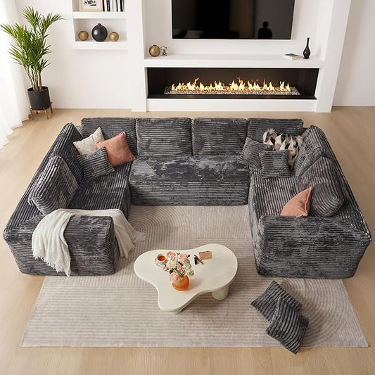 135.4'' U Shaped Sectional Couches for Living Room, Large Boneless Cloud Couch, Modern Modular Sofa Deep Seat Plush Corduroy, No Assembly Required,Plush Corduroy,Gray