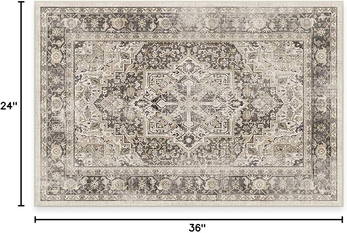 RUGGABLE Washable Vintage Area Rug – Kamran Hazel 2x3, Stain-Resistant, Non-Slip – Small Machine Washable Rugs for Living Room, Bedroom, Hallway, Entryway & Bathroom–with Cushioned Pad