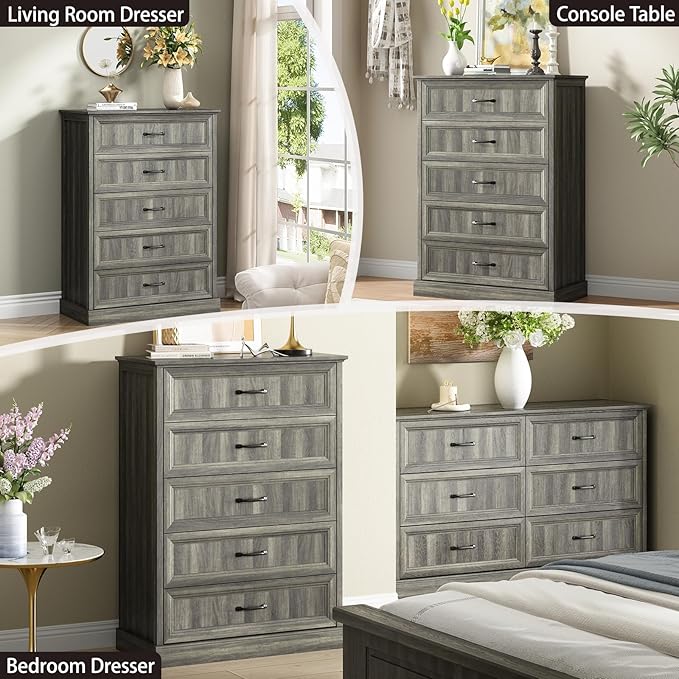 Farmhouse 5 Drawers Dresser for Bedroom, 44" Tall Grey dresser Wood Rustic Chest of Drawers with Wide Metal Handle,Natural Texture,Drawer Organizer for Bedroom,Living Room,Hallway and Entryway