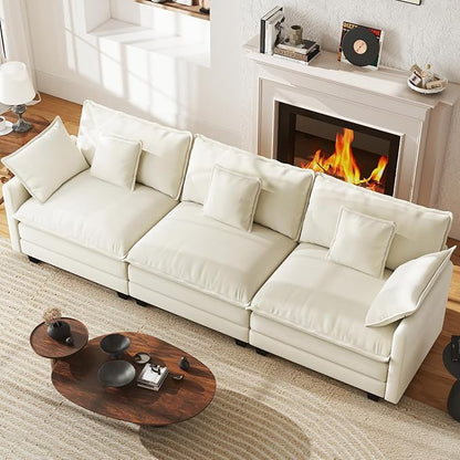 111.4” Cloud Couch Modular Sectional Sofa, Comfy Modern 3-Seater Couches with Pillows & Upholstered Deep Seat Cushion for Apartment Living Room Bedroom （Beige）