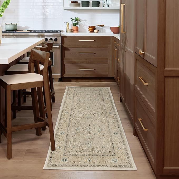 RUGGABLE Washable Vintage Area Rug – Kamran Ivory Opal 10x14, Stain-Resistant, Non-Slip – Large Machine Washable Rugs for Living Room, Bedroom, Hallway, Entryway & Office–with Standard Pad