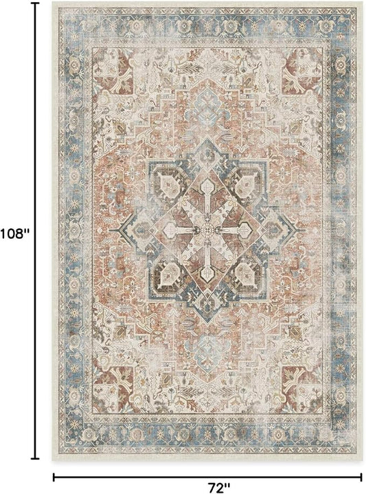 RUGGABLE Washable Vintage Area Rug – Kamran Coral 6x9, Stain-Resistant, Non-Slip – Medium Machine Washable Rugs for Living Room, Bedroom, Hallway, Entryway & Office–with Cushioned Pad