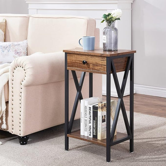 VECELO Tall Nightstand,27.6 inch Wooden End Table with Metal X-Frame,Side Table with Drawer and Storage Shelf for Living Room Bedroom Entryway Small Spaces
