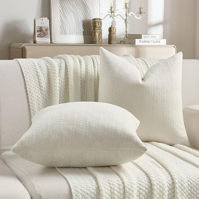 FUTEI Cream Chenille Throw Pillow Covers 20x20 Inch Set of 2,Soft Striped & Diamond Textured Cushion Cases,Modern Home Decor for Couch Living Room