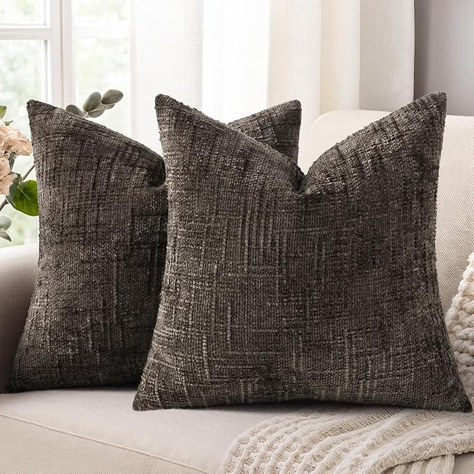 decorUhome Dark Brown Chenille Throw Pillow Covers 26x26 Set of 2 Thick Textured Slubby Couch Pillow Covers Farmhouse Accent Modern Neutral Decorative Pillow Cases for Bed Sofa Living Room