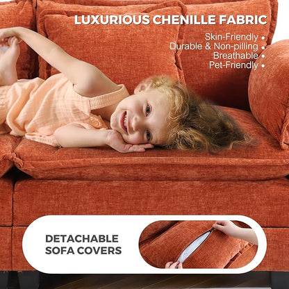 ELUCHANG 153" U Shaped Modular Sectional Cloud Couch with Pillow, Deep Seat Sofa Couches for Living Room, 6-Seat Modern Sofa with Movable Ottoman, Chenille Terracotta