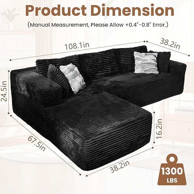 Bashaw 108" Cloud Sectional Couch Sofa with L-Shape Chaise, Modern Modular Sofa Couch Upholstered Couches for Living Room Bedroom, No Assembly Required (Black, L Shape)