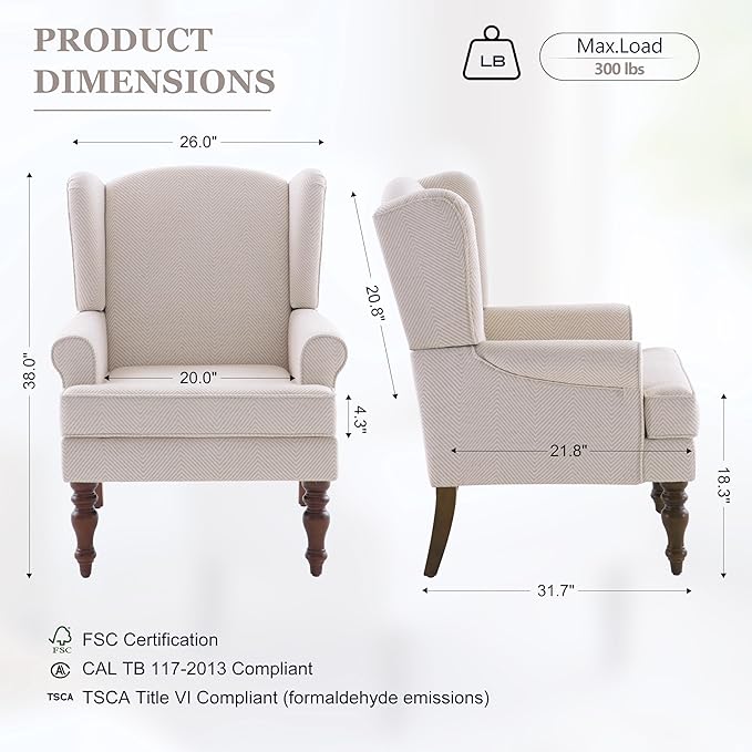 HUIMO Living Room Chair Upholstered High Back Armchair Retro Printed Wingback Chair in Linen for Bedroom & Study Comfy Accent Sofa Chair Reading Chair Holds 300lbs (Navy Blue) (2, Tan SJW-2PCS)