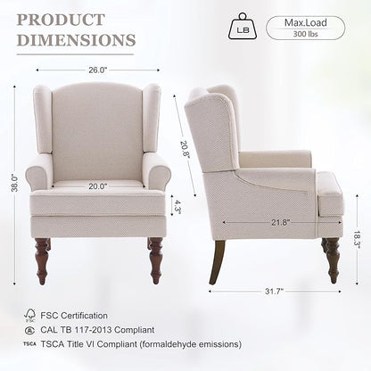 HUIMO Living Room Chair Upholstered High Back Armchair Retro Printed Wingback Chair in Linen for Bedroom & Study Comfy Accent Sofa Chair Reading Chair Holds 300lbs (Navy Blue) (2, Tan SJW-2PCS)