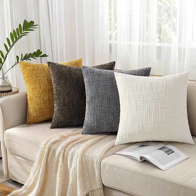 decorUhome Christmas Cream White Chenille Throw Pillow Covers 18x18 Set of 2 Thick Textured Slubby Couch Pillow Covers Farmhouse Accent Modern Neutral Decorative Pillow Cases for Bed Sofa Living Room